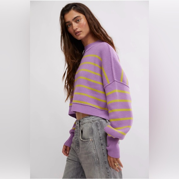 Free People Stripe Easy Street Cropped Pullover Lavender & Lime Sweater Size M 💜 - Picture 6 of 9